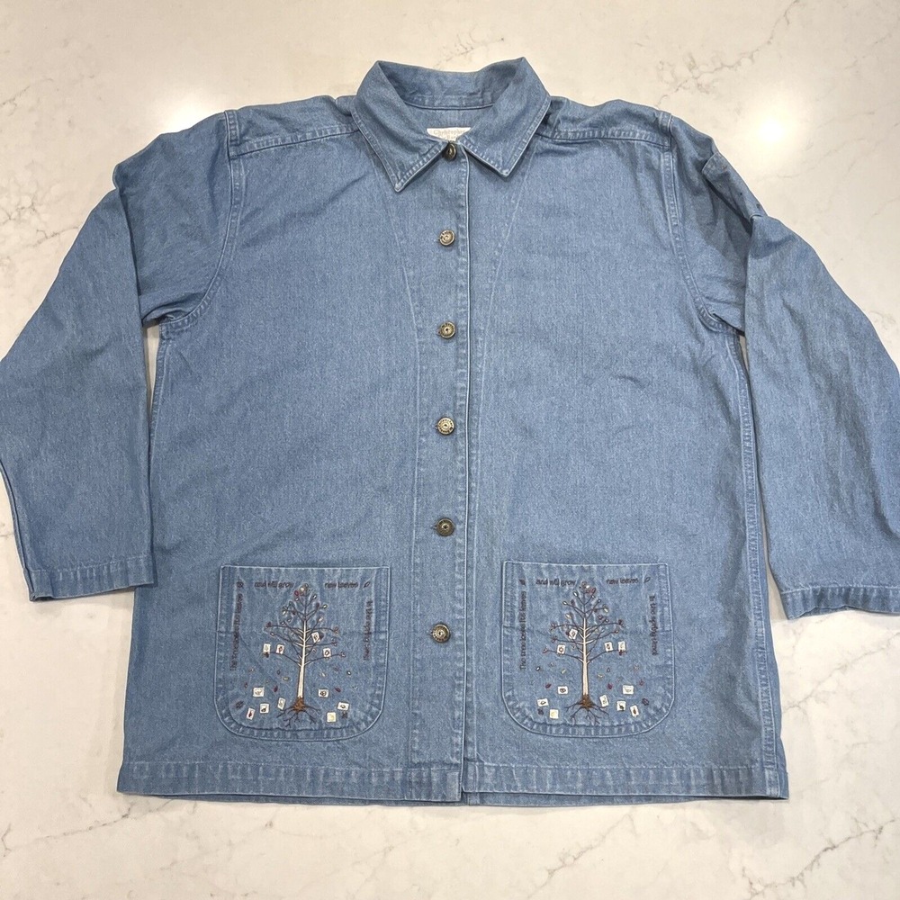 Christopher Banks Sz L Embroidered Denim Jean Jacket Shacket Cottagecore Teacher